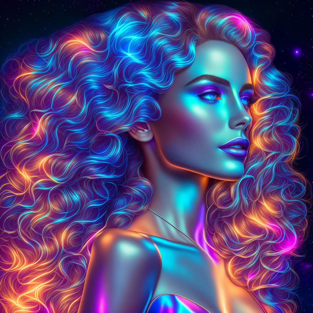 Vibrant digital portrait of woman with neon-lit curly hair on starry night scene