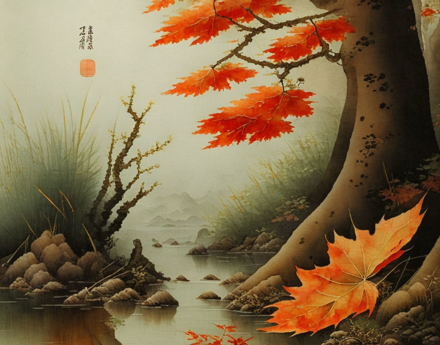 Traditional Asian Landscape Painting: Autumn Leaves, River, Mountains