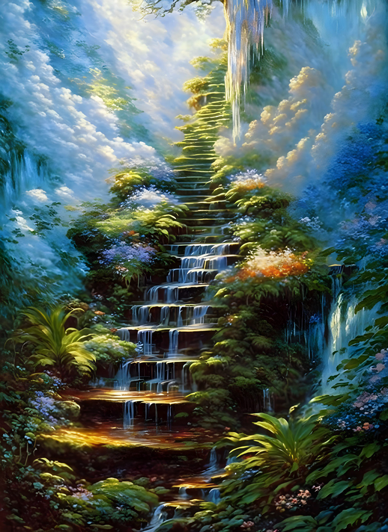 Tranquil waterfall surrounded by greenery and flowers