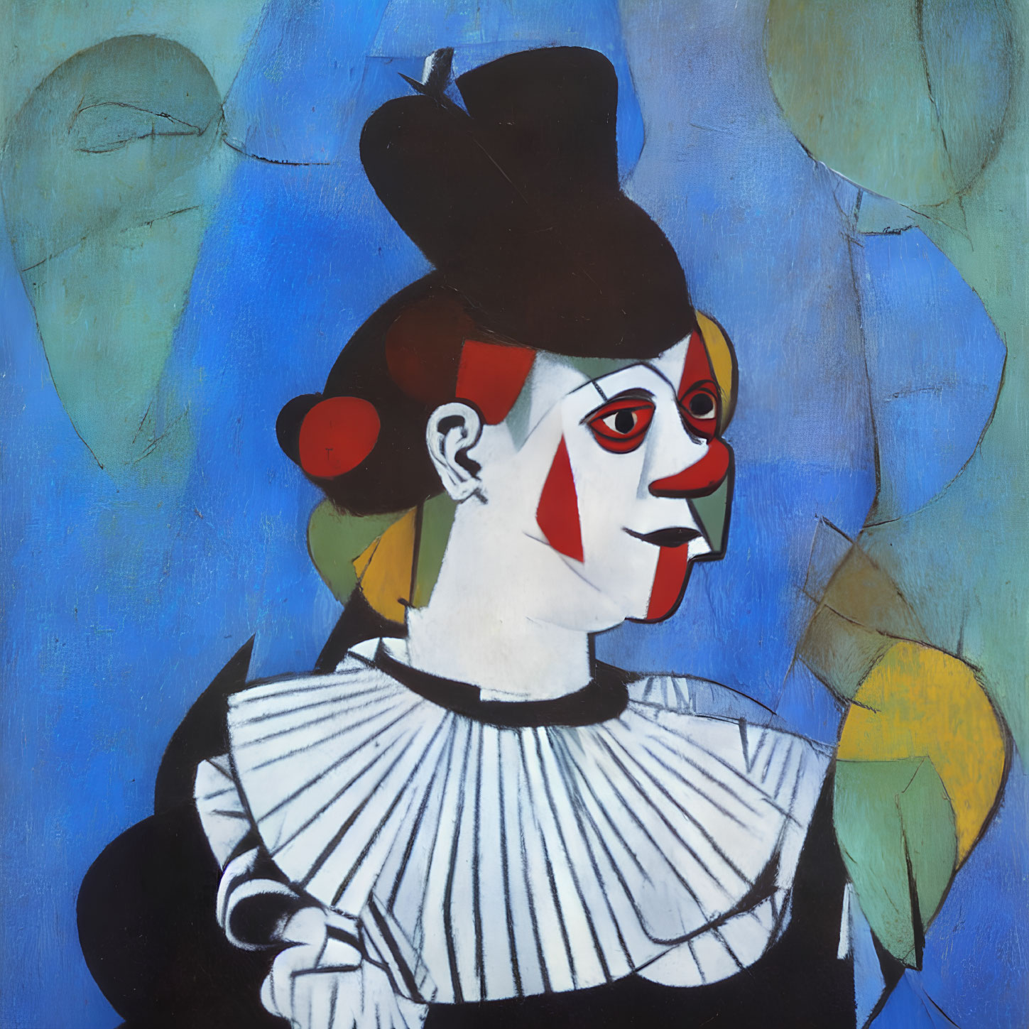 Cubist Harlequin Figure on Blue Background