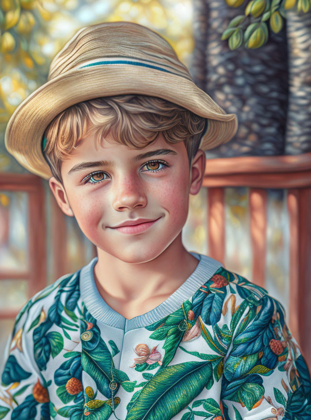 Young boy with curly hair in straw hat and botanical shirt smiling in digital illustration