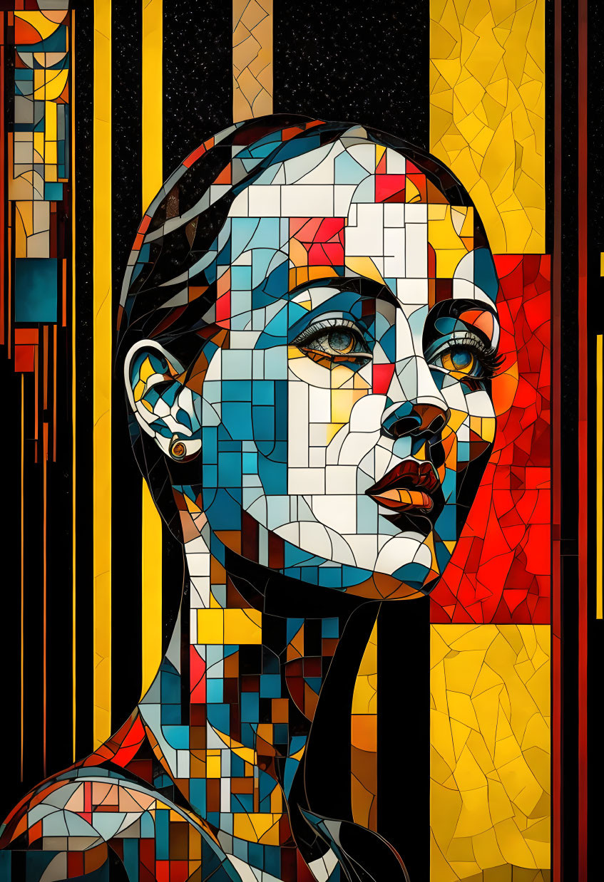 Vibrant geometric portrait of a woman with stained glass effect