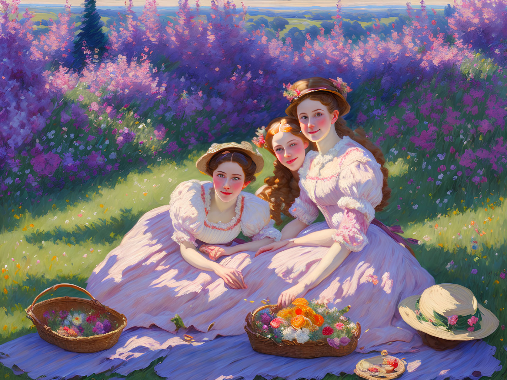 Vintage dresses women in flower field picnic with wicker basket