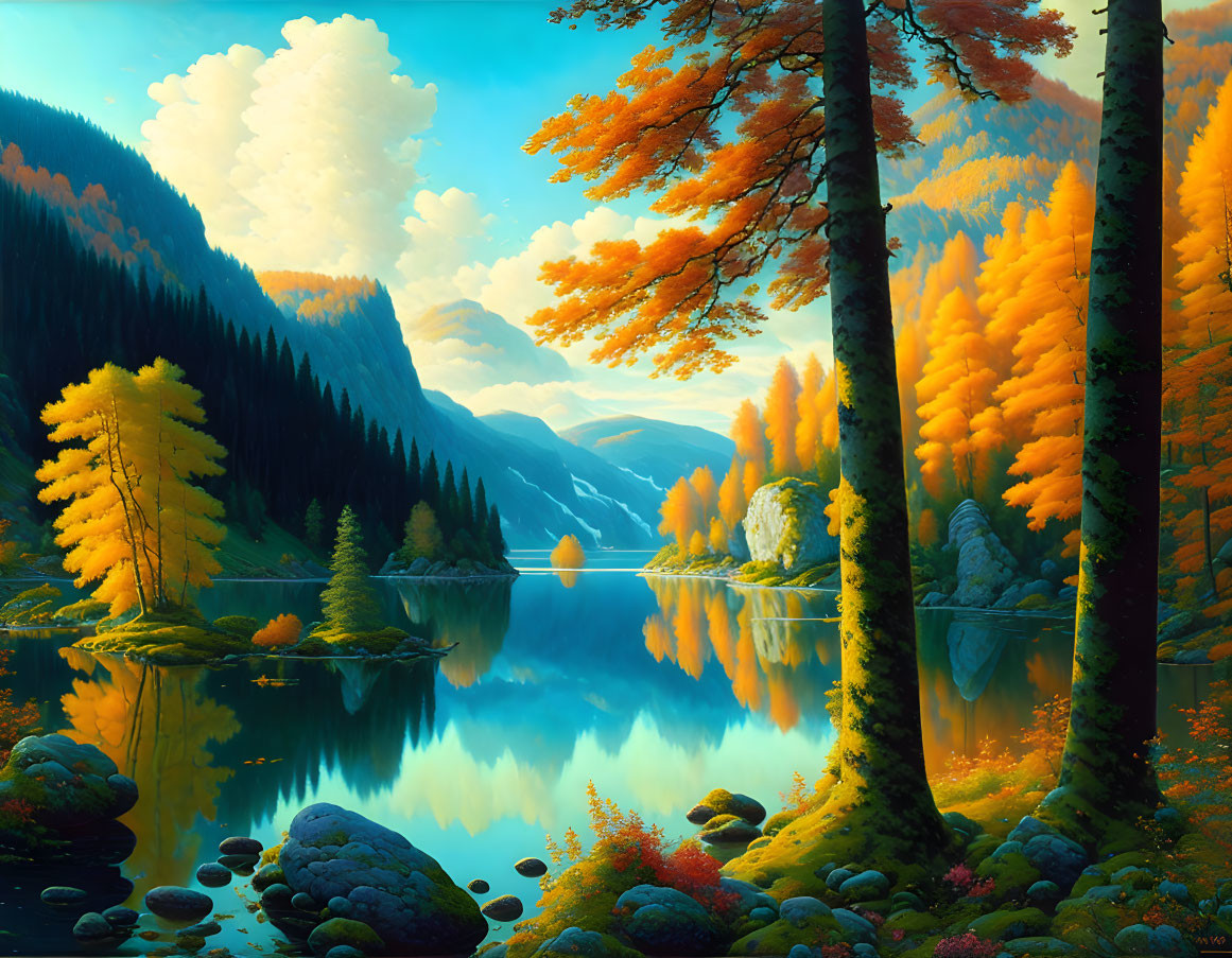 Tranquil autumn landscape with golden trees and mirror-like lake