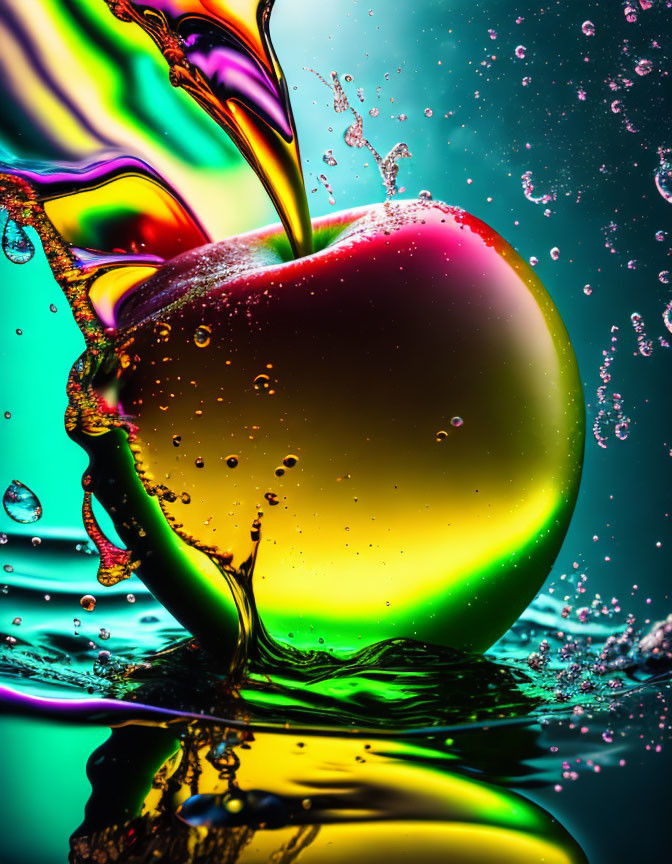 Colorful liquid splashing around vibrant apple on teal background