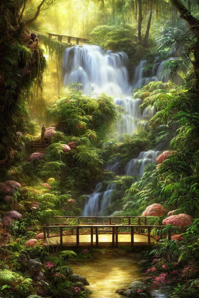 Tranquil waterfall in lush forest with wooden bridge