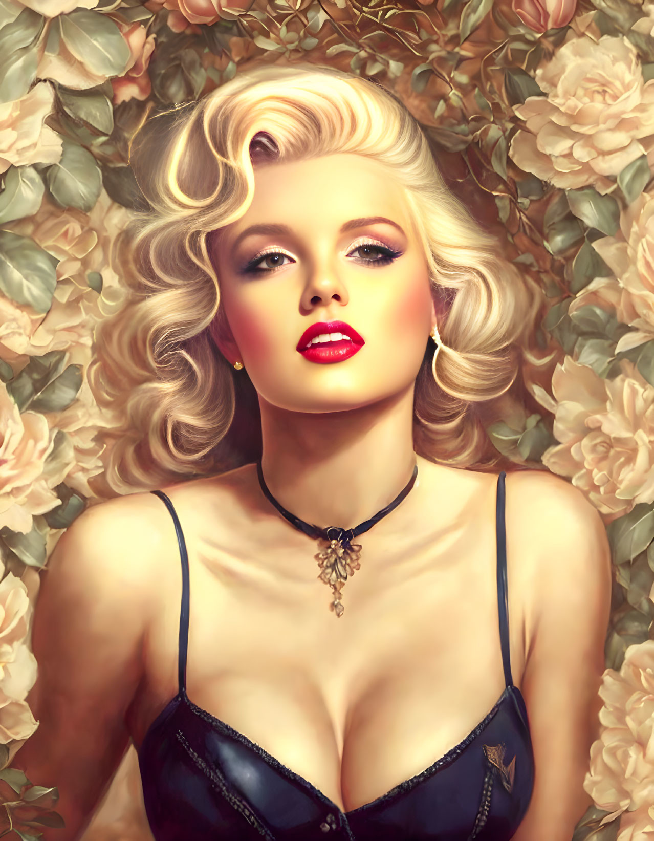 Blonde woman with red lipstick in black outfit against pink rose backdrop