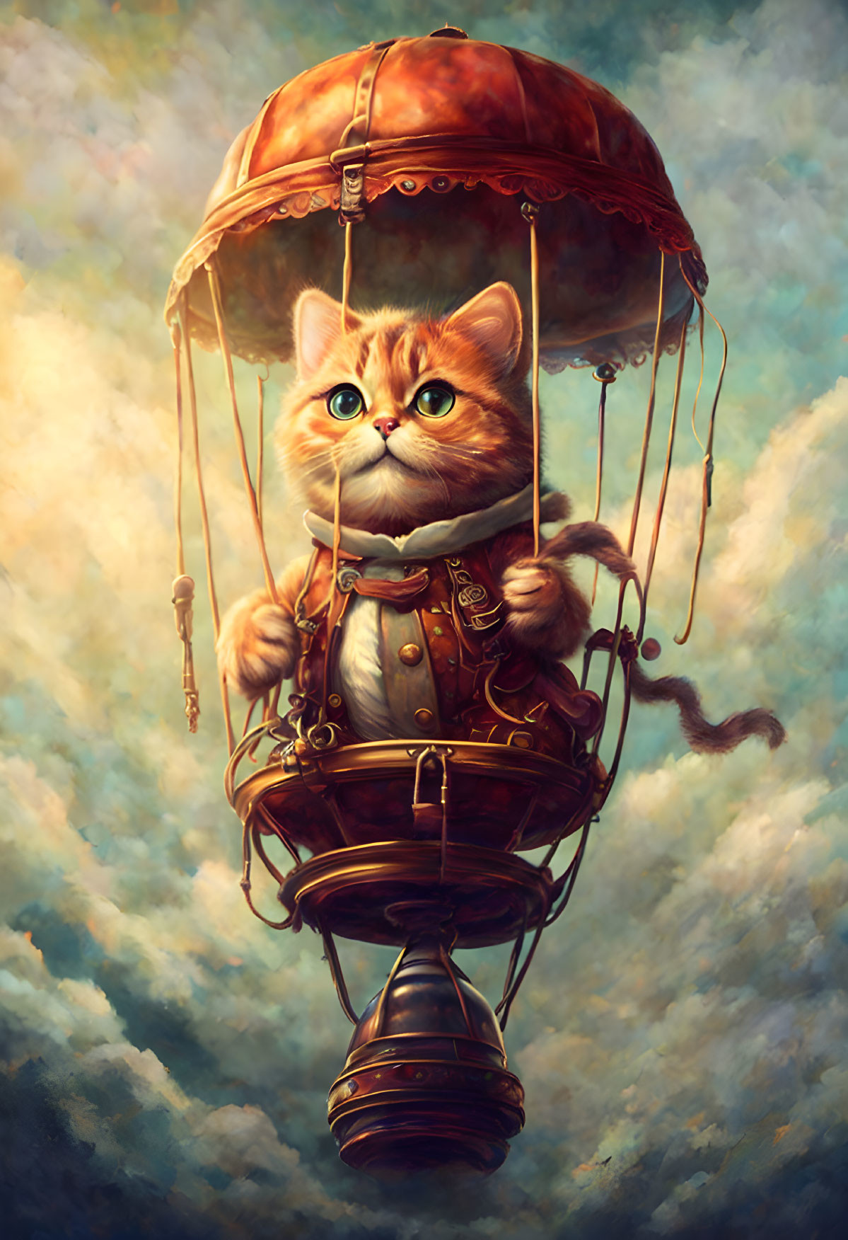 Whimsical cat piloting steampunk hot air balloon in cloudy sky