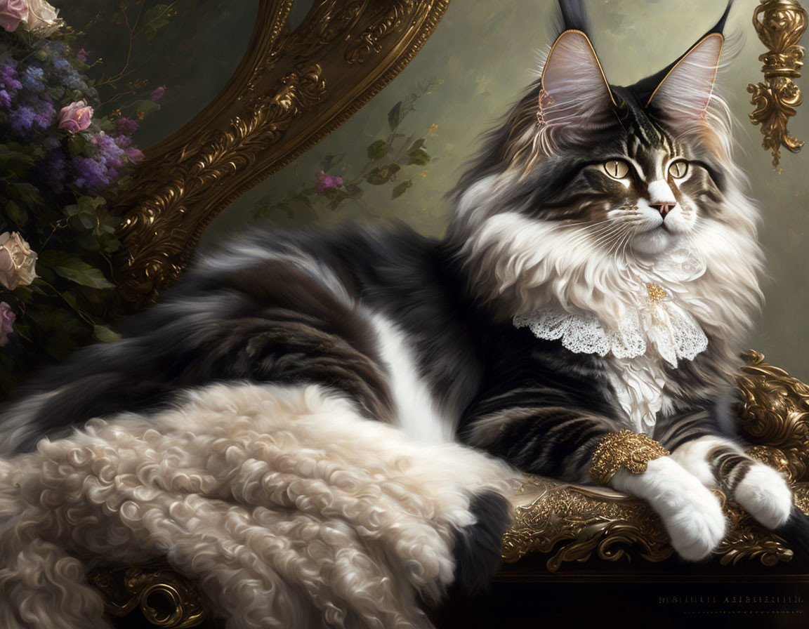 Long-Haired Cat on Golden Chair with Flowers