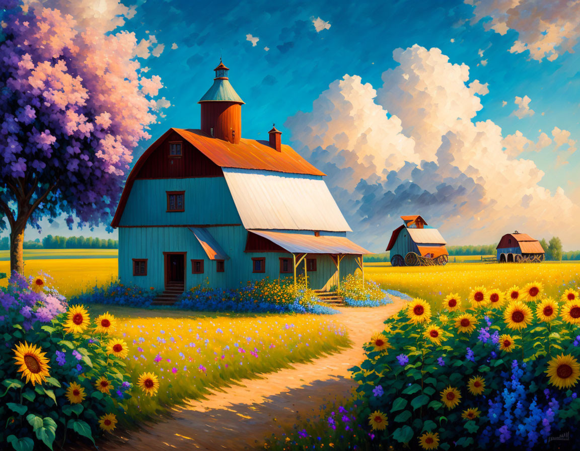 Scenic farm painting with red barn, sunflowers, trees, and clouds