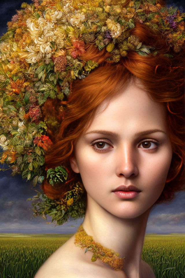 Digital painting of woman with intricate flower headpiece in field and sky.