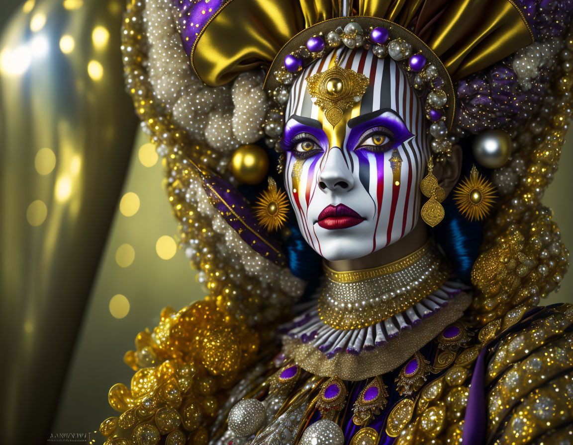 Elaborate gold and white costume with intricate face paint