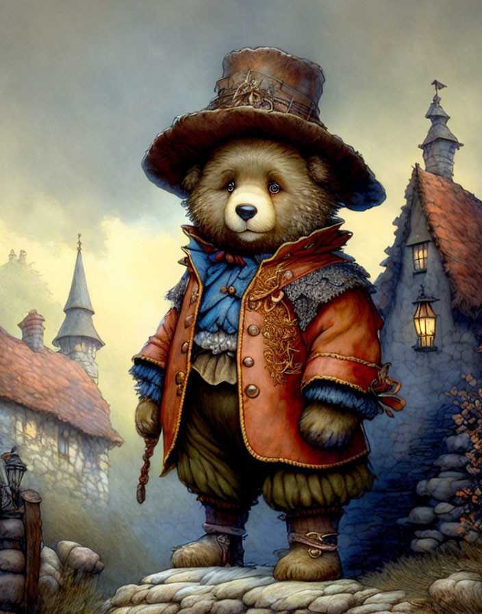 Anthropomorphic bear in fancy attire on cobblestone path with whimsical houses