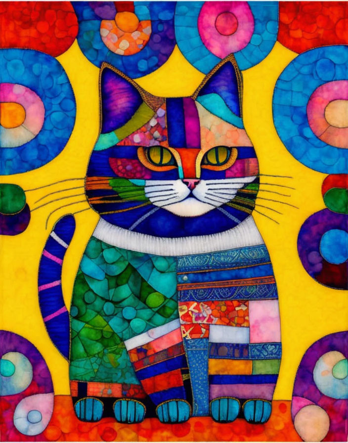 Colorful Cat Mosaic Artwork with Patchwork Design