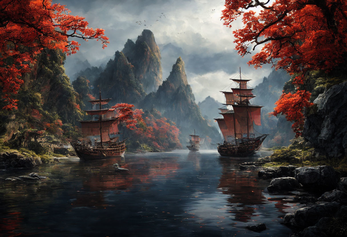 Ancient ships sailing in misty river with red foliage