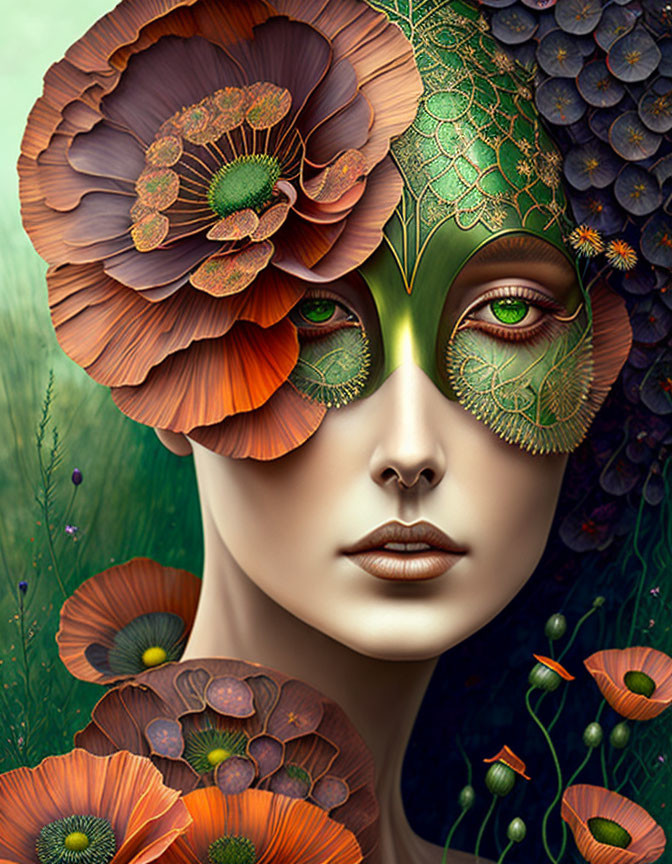 Surreal female portrait with flower hair and leaf mask, organic and fantastical details