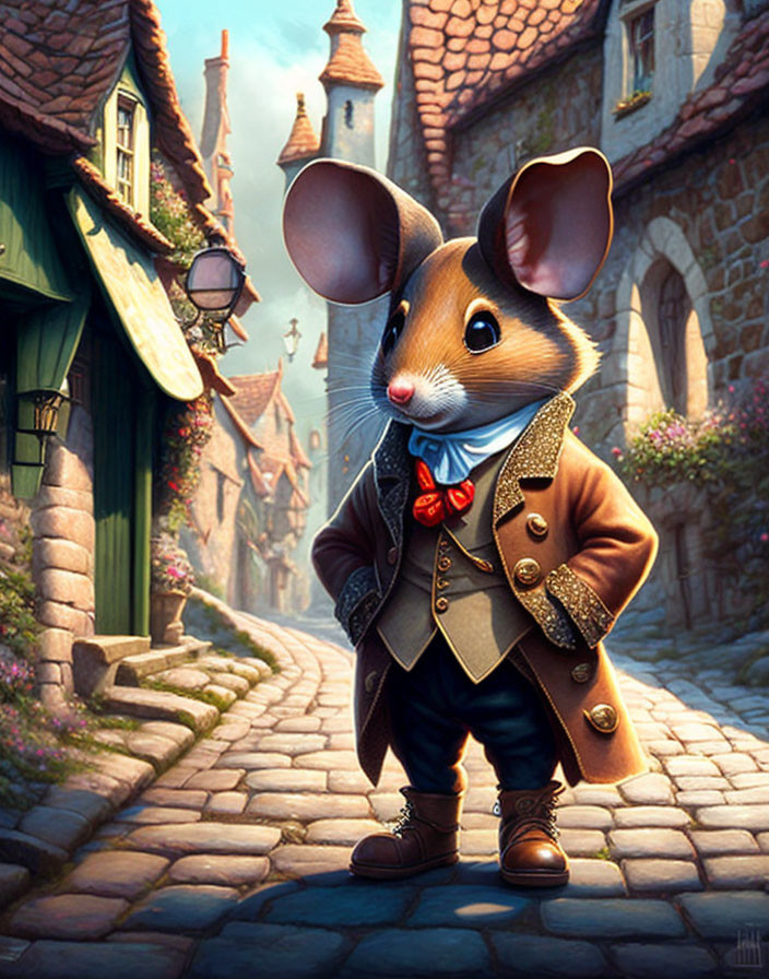 Sophisticated anthropomorphic mouse in European-style setting