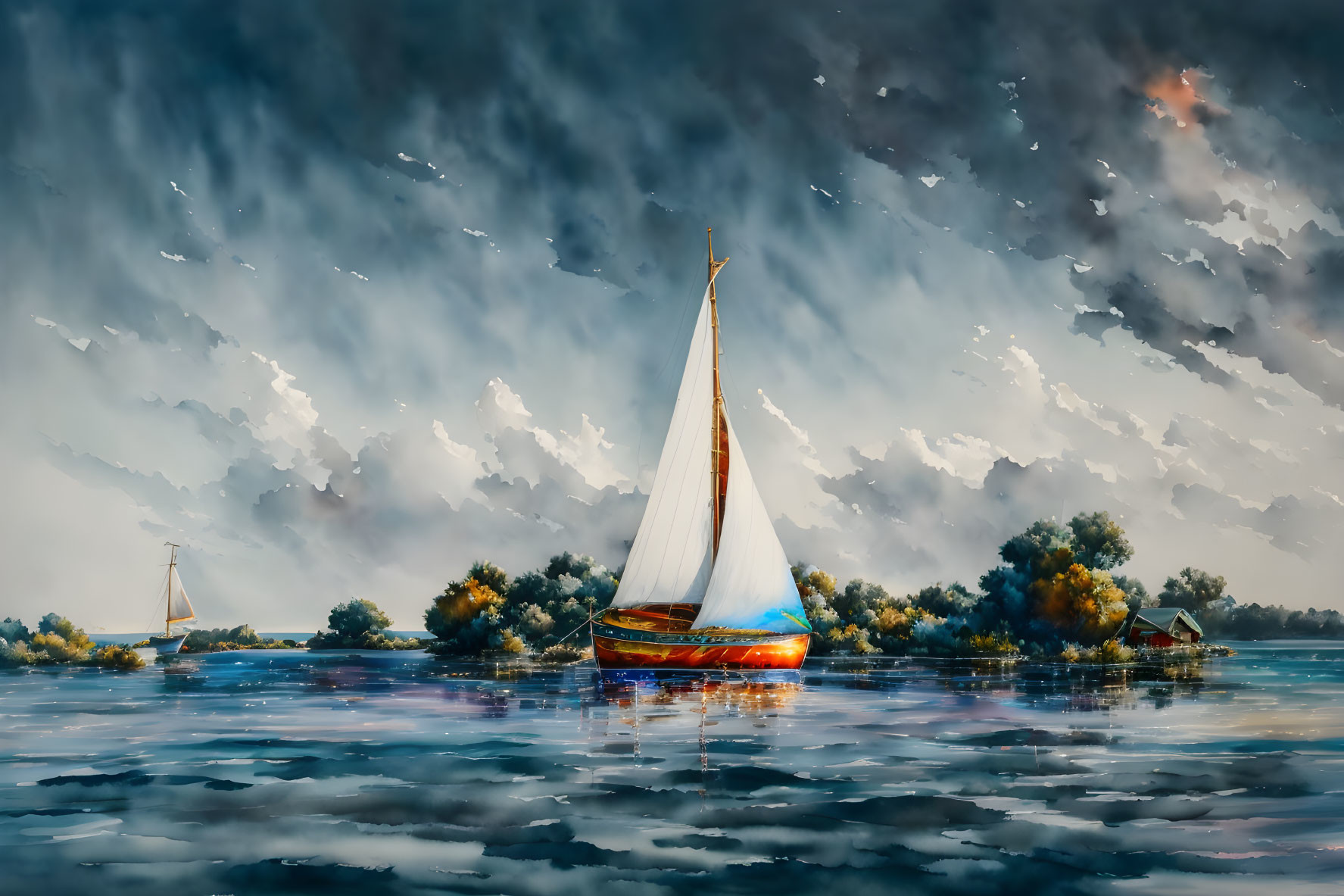 Sailboat painting: Serene scene with vibrant colors and dramatic sky