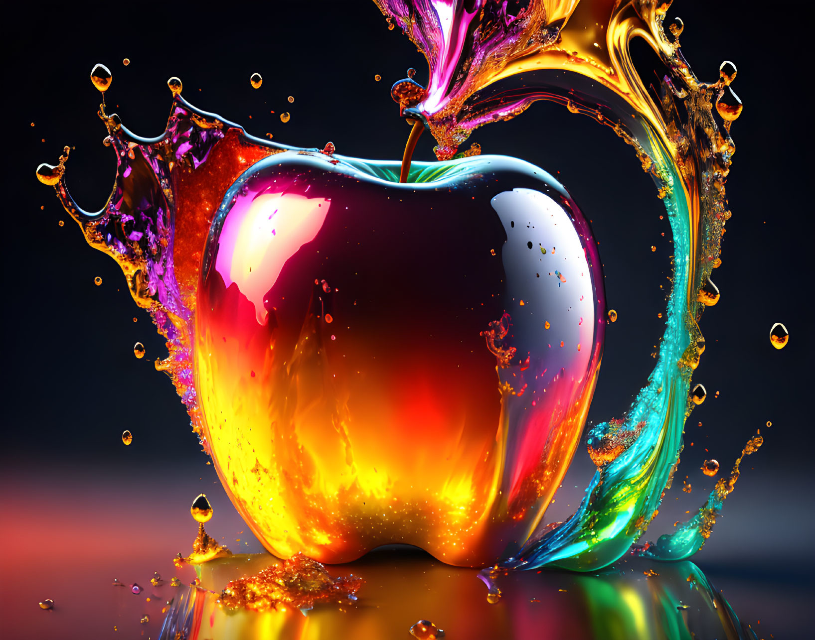 Colorful liquid splashes around vibrant apple on glossy surface