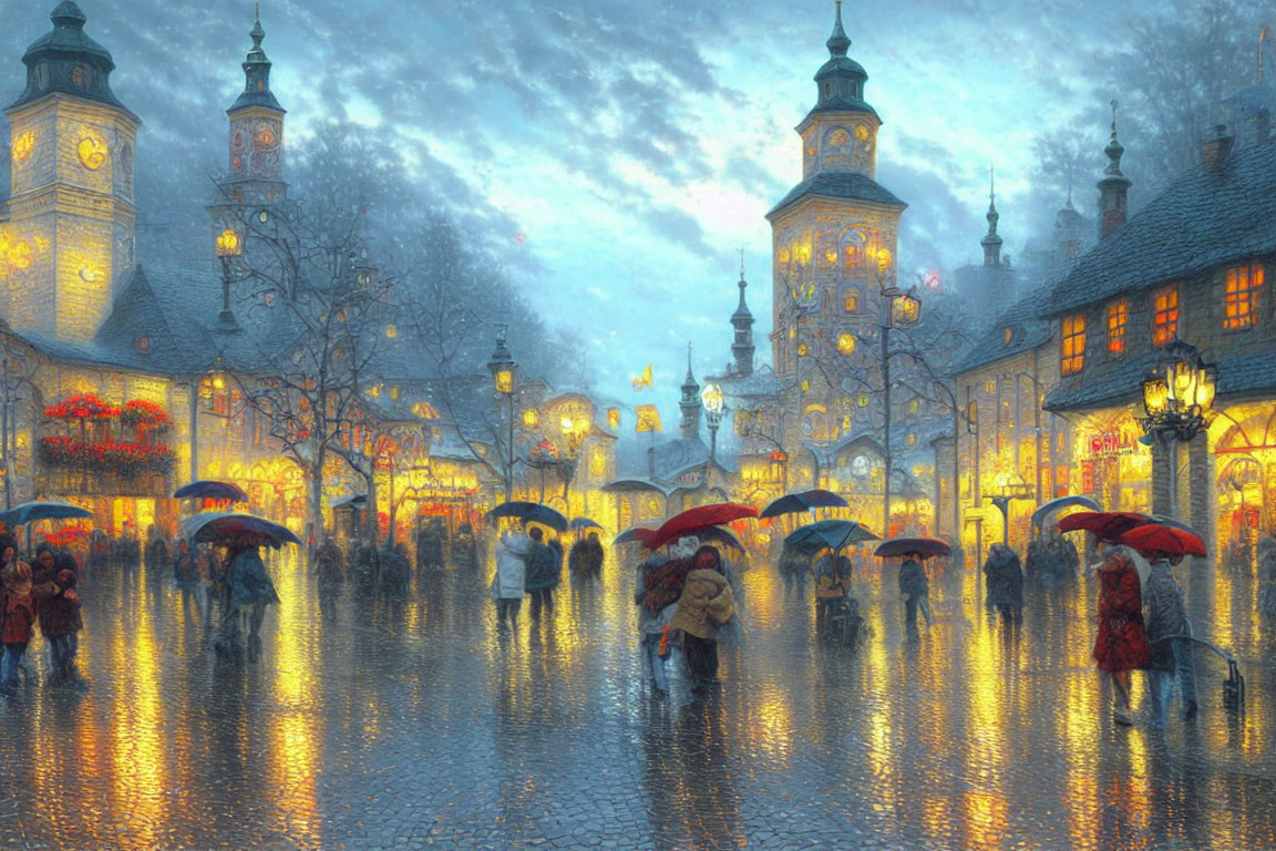 Town Square Dusk Scene with Illuminated Buildings and Rainy Cobblestones