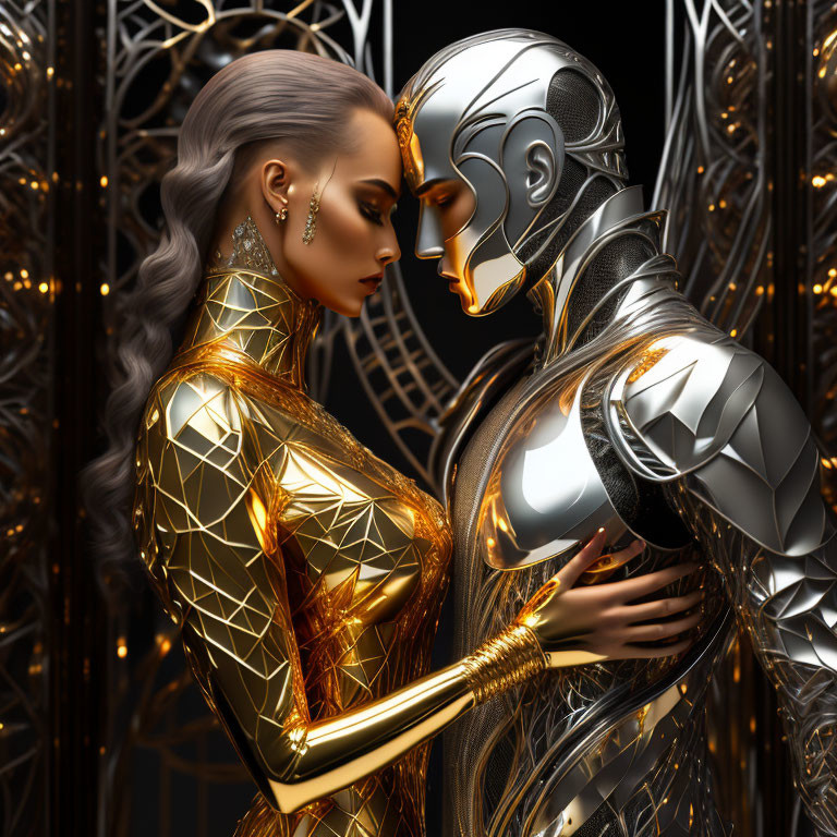 Futuristic artwork of human-like woman and robot in golden and silver attire.