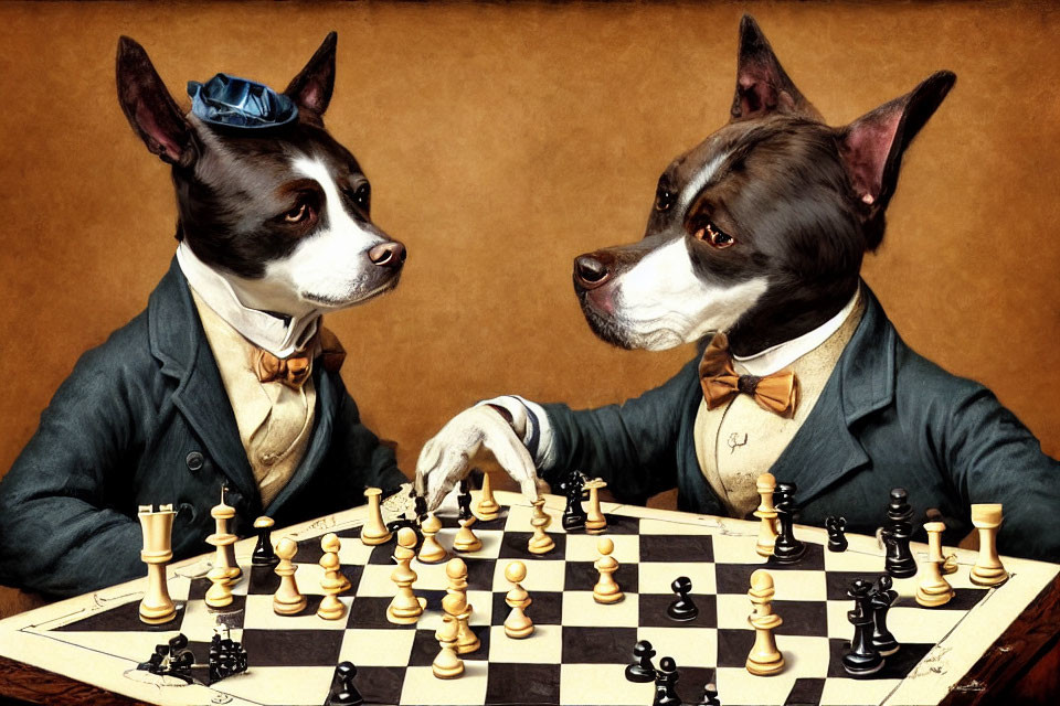 Anthropomorphized dogs in vintage attire playing chess