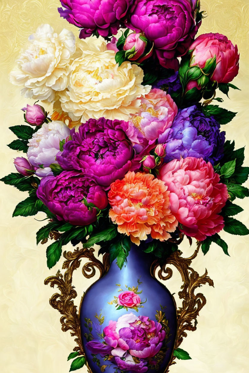 Floral patterned vase with pink, white, and orange peonies on yellow background