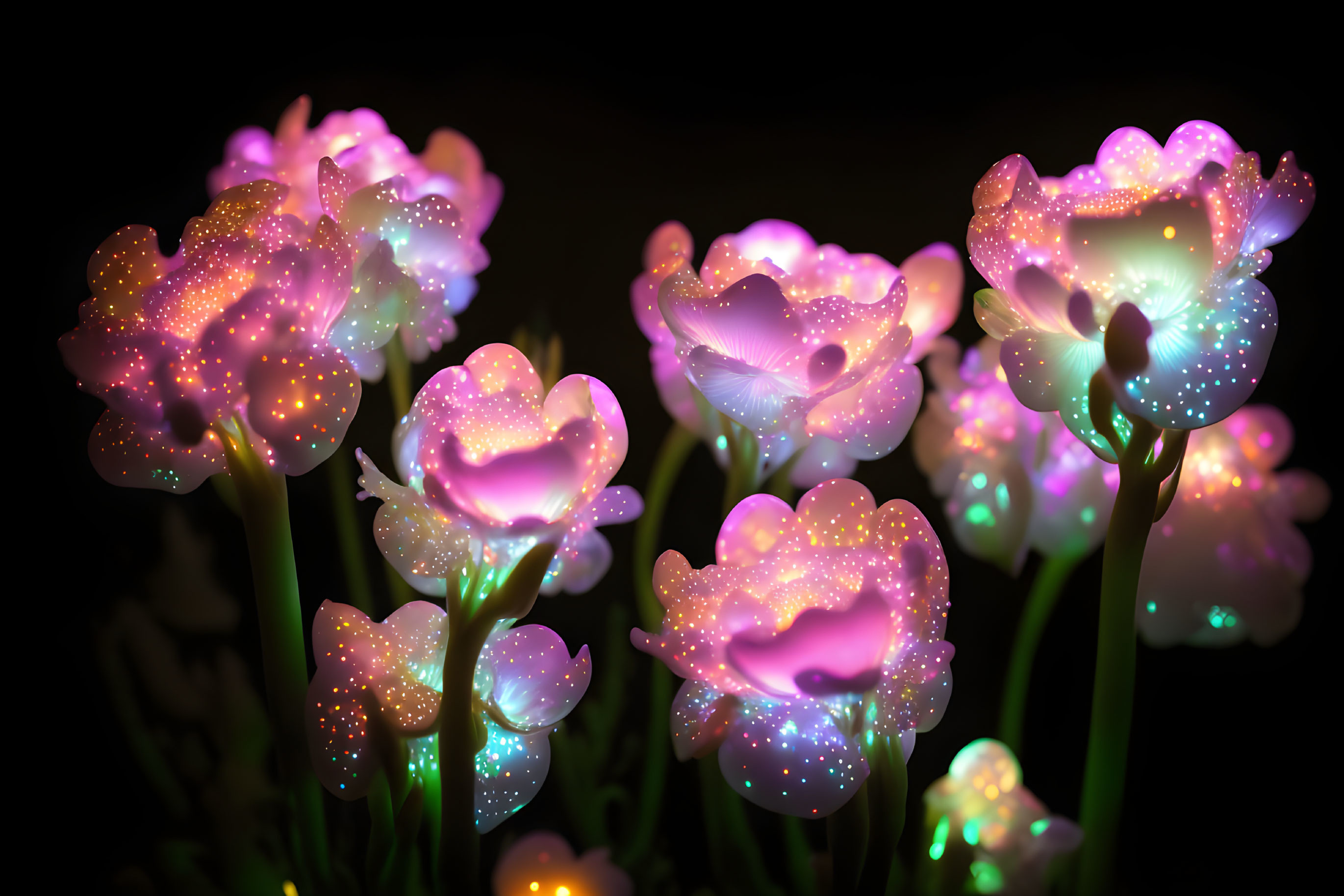 Cluster of Glowing Pink and Violet Flowers on Dark Background