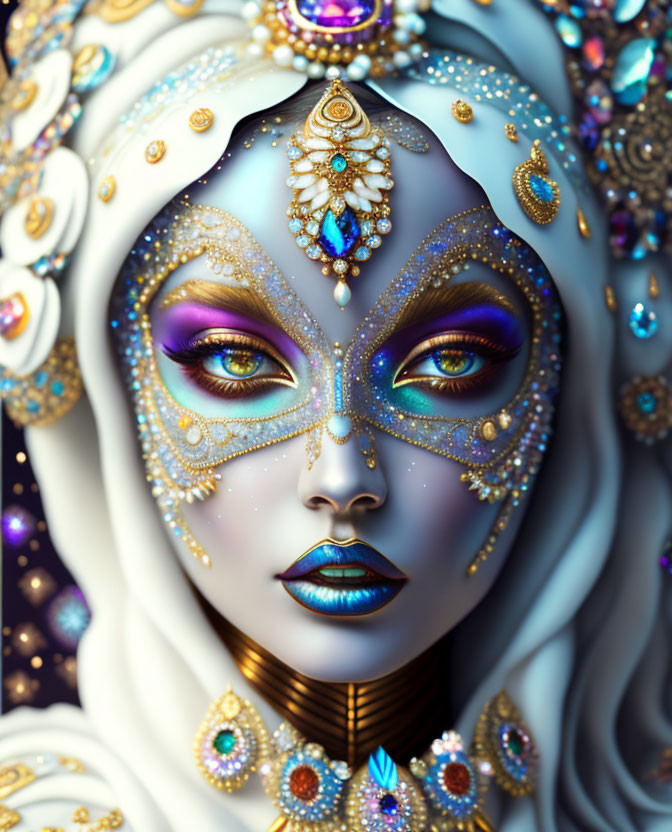 Detailed digital artwork: Woman with blue and gold makeup, adorned with jewelry and sequins.