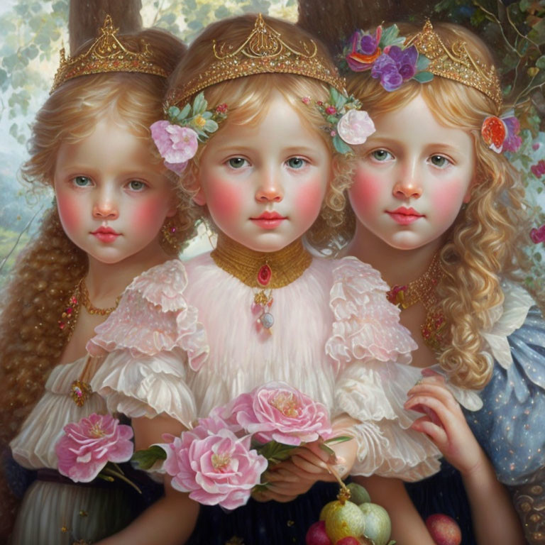 Three young girls in floral crowns and elegant dresses in a nature-inspired setting.