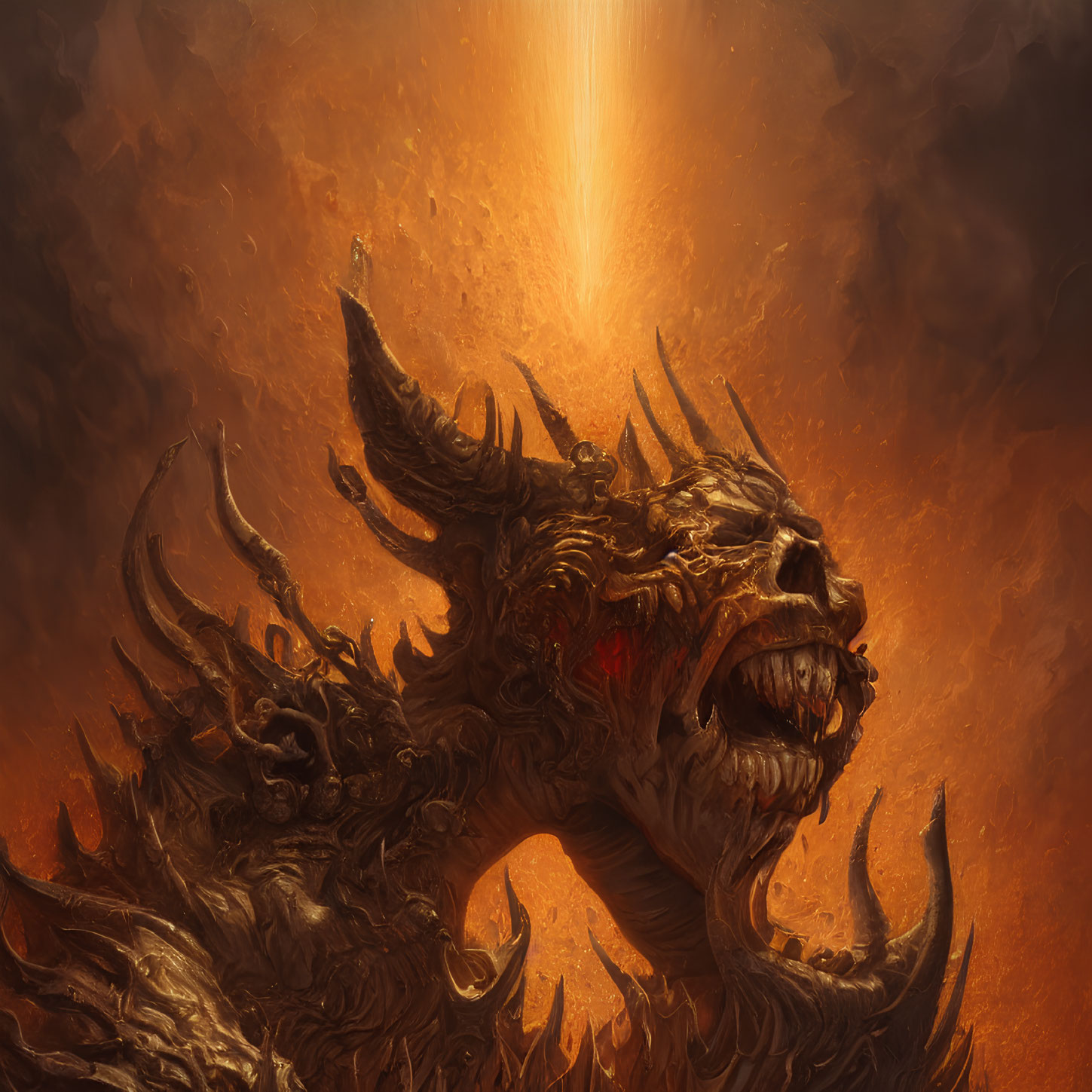 Majestic dragon with horns and red eyes in fiery setting