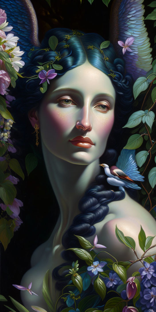 Fantasy portrait of woman with blue hair, horned ears, surrounded by flowers and bird