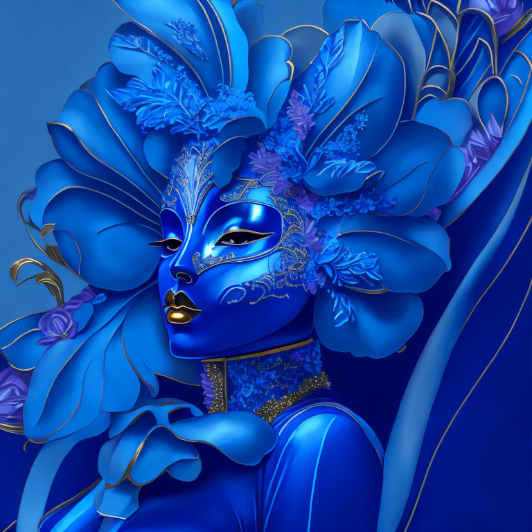 Surreal blue figure with golden lips and captivating gaze