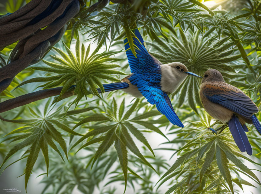 Colorful Birds Among Green Leaves: Vibrant Blue Wings Displayed