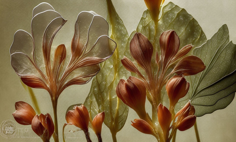 Metal flowers with brown petals and stems on textured beige background with leaf patterns