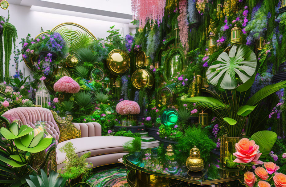 Luxurious indoor garden with greenery, pink sofas, and golden accents