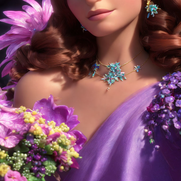 Close-up of woman in purple floral dress with star-shaped blue gem jewelry surrounded by vibrant flowers