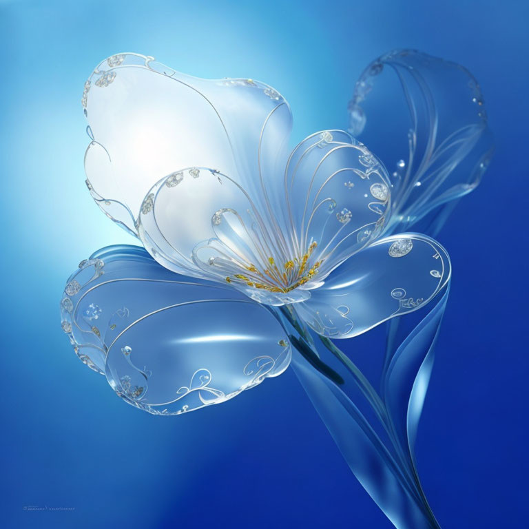 Translucent blue flower with white patterns on gradient blue background
