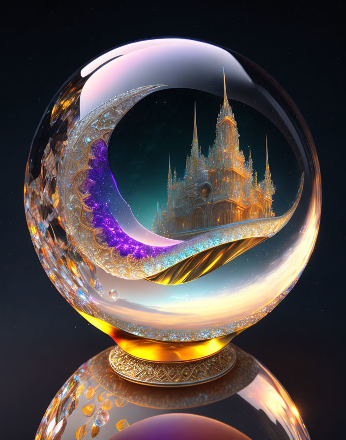 Luminous castle in glossy crystal ball amid cosmic colors