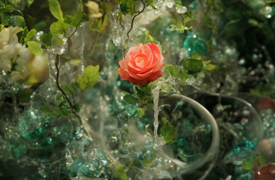 Pink Rose Surrounded by Greenery and Crystal-like Decorations