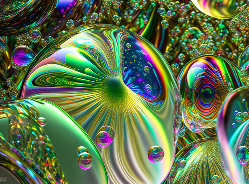 Colorful Psychedelic Digital Artwork: Reflective Bubbles & Fractal Patterns