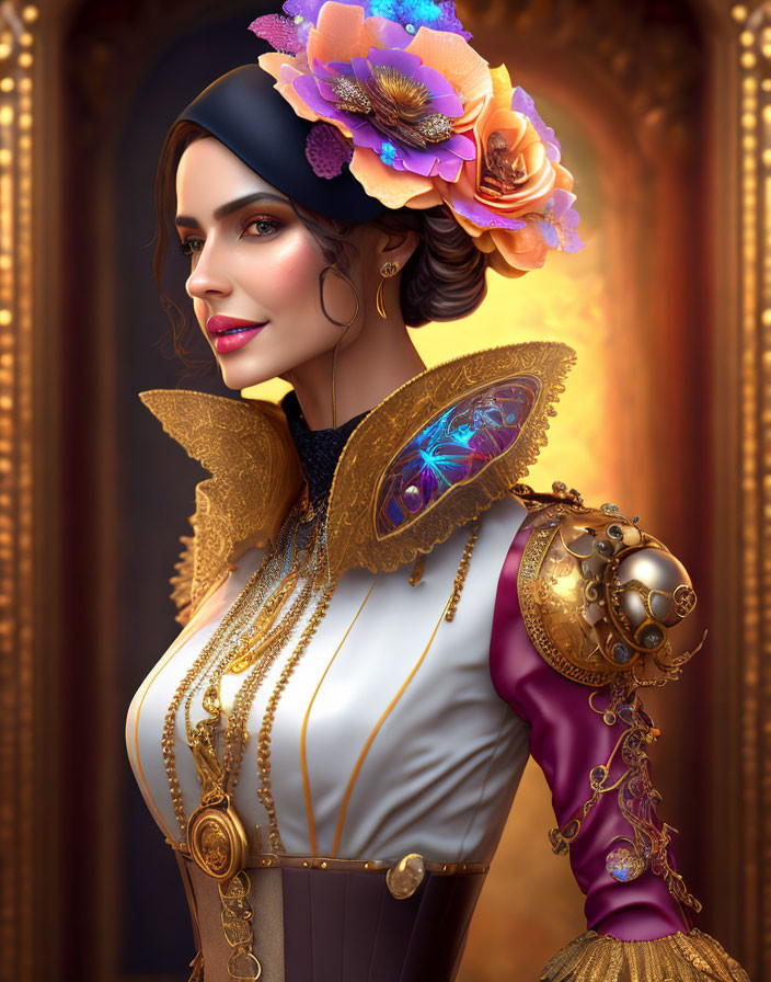 Steampunk-inspired woman in floral hat and metallic shoulder armor