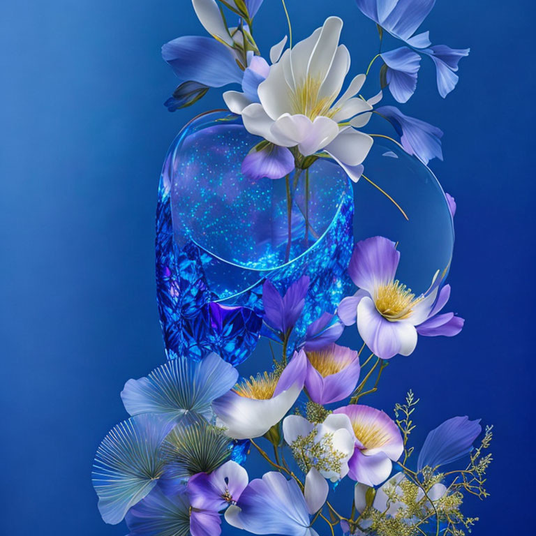 Cosmic pattern crystal vase with white and blue flowers on deep blue background