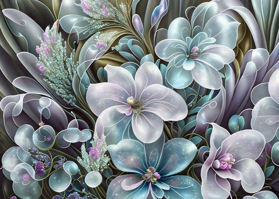 Iridescent Blue and Purple Flowers on Dark Background