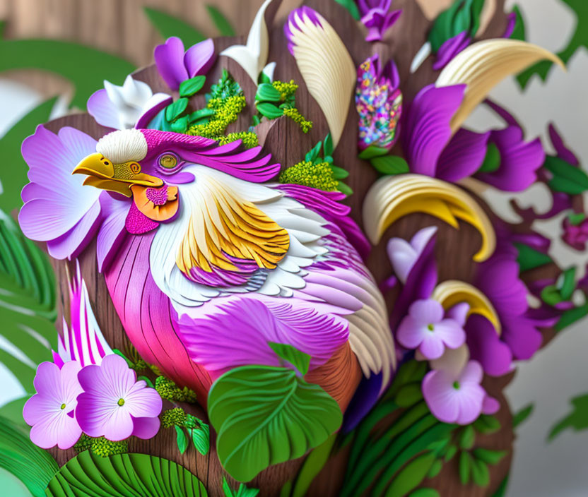 Vibrant bird illustration with intricate feathers and flowers