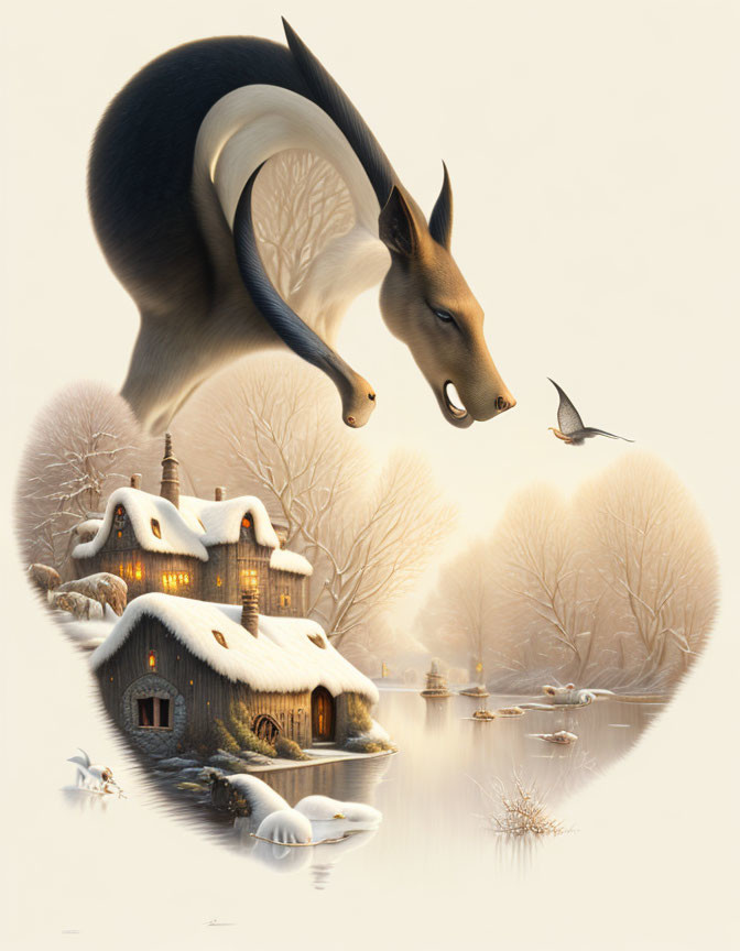 Surreal winter landscape with large kangaroo, cottage, pond, and bird