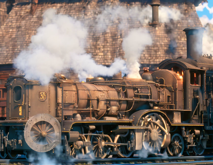 Vintage Steam Locomotive Number 35 Emitting White Smoke Amid Rustic Rooftops