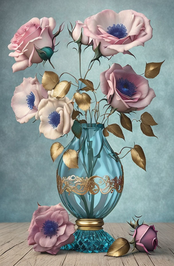 Pink and White Anemone Flowers in Turquoise Vase with Gold Accents