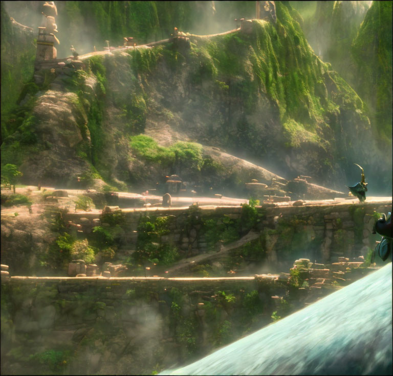 Green cliffs, waterfall, mist, stone bridge, temple, figure near waterfall.