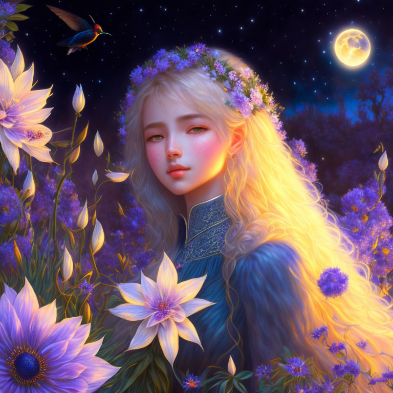 Fantasy illustration of young woman with blonde hair, flower crown, blue flowers, starry night,
